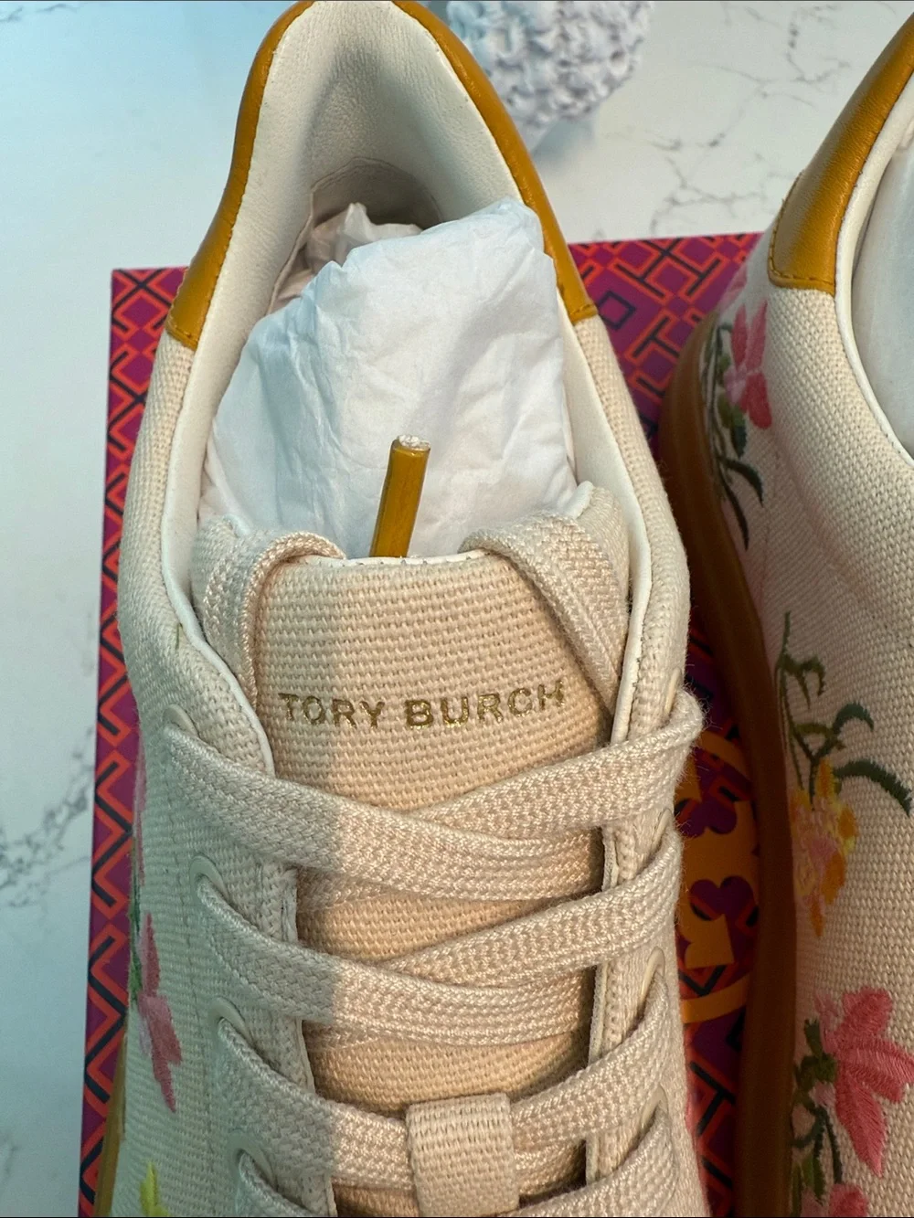 Tory Burch Cream Canvas Floral Embroidered Sneakers with Mustard Accents